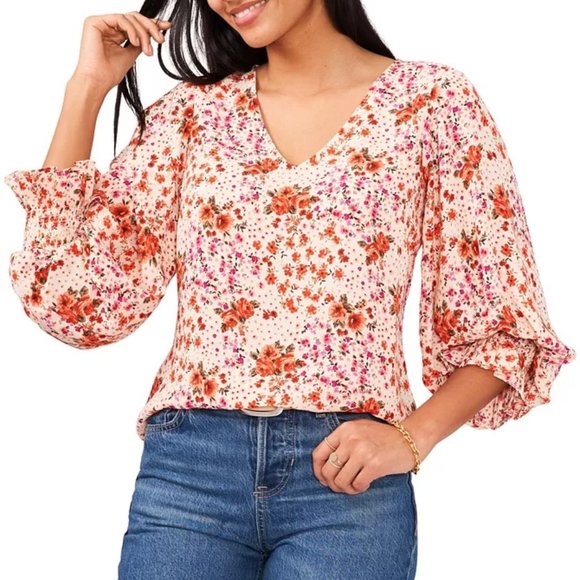 Women's Floral-Print V-Neck Smocked-Cuff Top - Picture 1 of 2